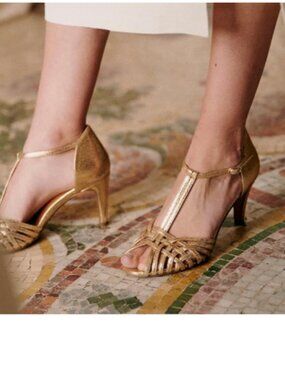 XYD Gold Open Toe Mid Heel Sandals T-Bar Caged Vamp Buckle Strap Wedding Shoes